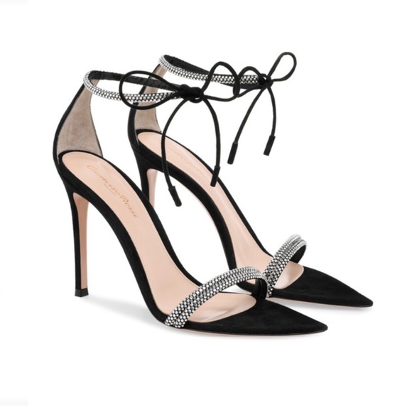 Gianvito Rossi Montecarlo Black Suede & Crystal Stiletto Heel Ankle-tie … - Picture 9 of 16
